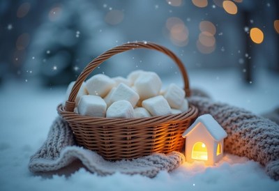 A basket of marshmallows sits in the snow