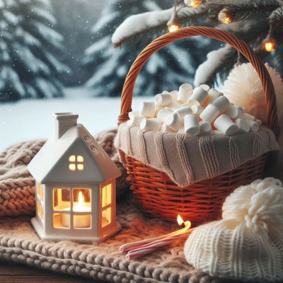 A cozy winter scene with marshmallows and a lit candle