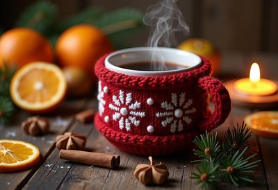 A warm mug of hot cocoa sits on a wooden table