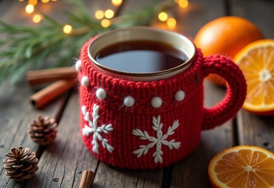 A warm mug of tea with a festive knit cozy