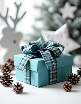 A blue gift box with a plaid bow sits on a white table