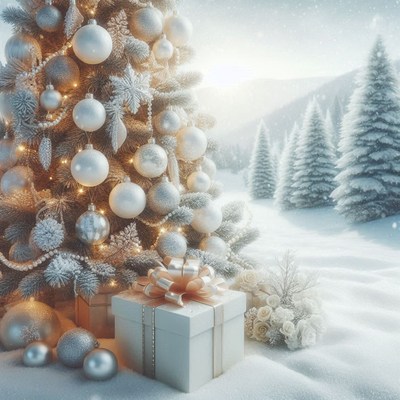 A decorated christmas tree stands in a snowy forest