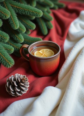 A mug of tea with a lemon wedge sits on a red blanket