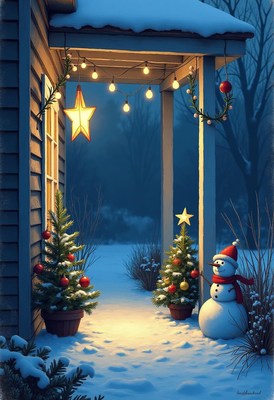 A snowy porch is decorated with christmas lights and trees