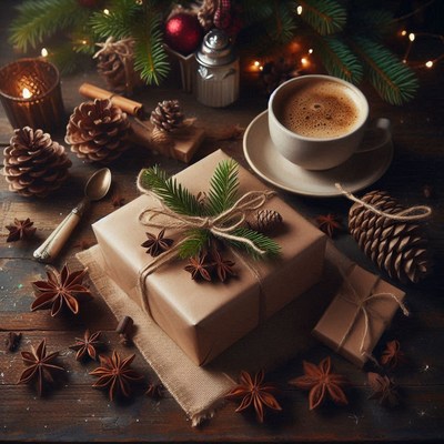A wrapped gift sits on a wooden table with a cup of coffee