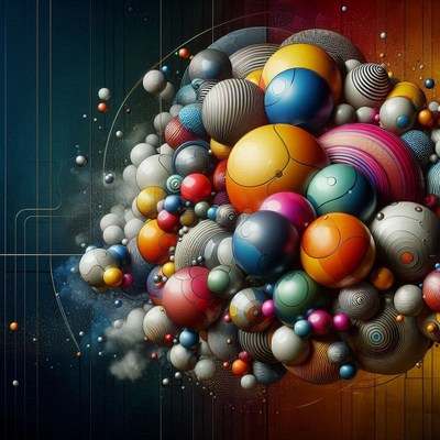 A colorful sphere cluster floats in a digital space