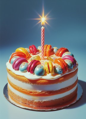 A festive cake with macarons and a single lit candle