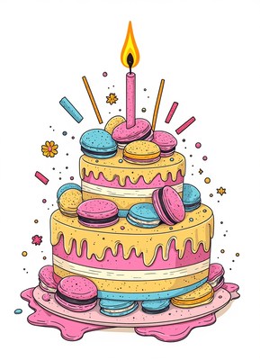 A colorful birthday cake with a lit candle and macarons