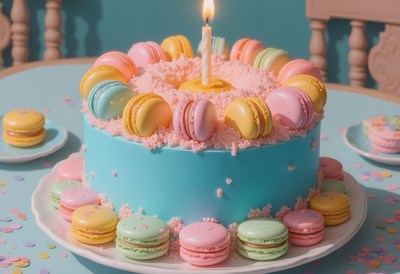 A colorful birthday cake with a single candle lit