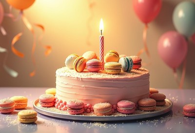 A pink birthday cake with macarons and a single candle