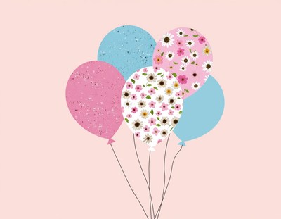 Four colorful balloons float against a pink background