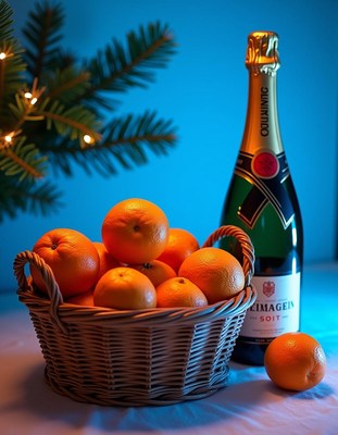A basket of oranges and a bottle of champagne sit on a table