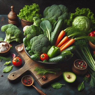 Fresh vegetables in a bowl on a wooden cutting board