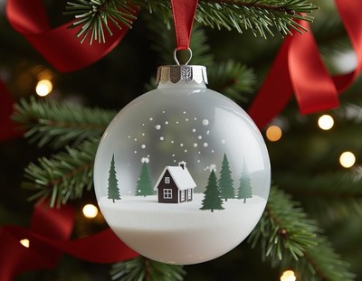 A snowy cottage ornament hangs on a christmas tree