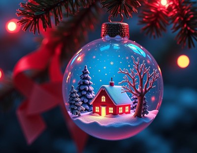 A snowy cottage ornament hangs on the tree