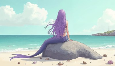 Purple-haired mermaid relaxes on a beach rock
