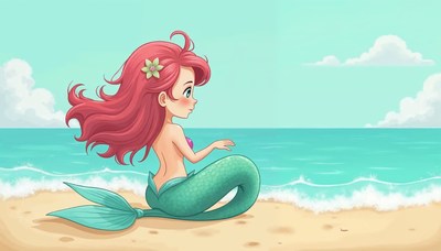 Red-haired mermaid relaxes on a sunny beach