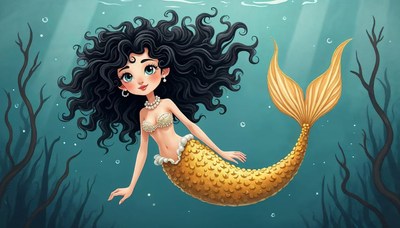 Mermaid with dark hair swims in deep ocean