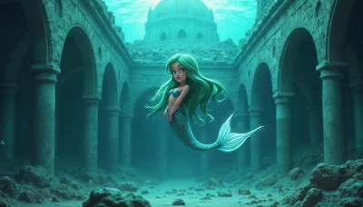 Mermaid discovers an underwater temple at noon