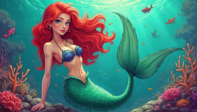 Redhead mermaid on rocks by the ocean at noon