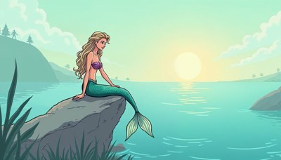 Mermaid on a rock at sunset, savoring ocean view