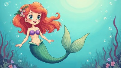 Cute mermaid swims with flowers in daytime ocean