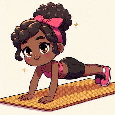 Girl performs plank exercise at home