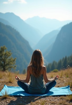 Woman meditating outdoors in serene mountain landscape