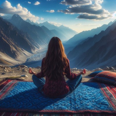 Woman meditating in the mountains at sunset
