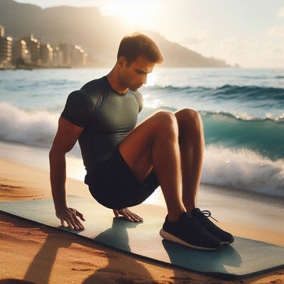 Man exercising on sandy beach during sunset