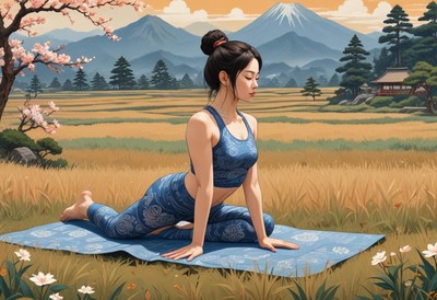 Yoga practice in a serene landscape with mountains