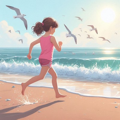 Girl running along the shore under the sun