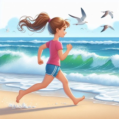 Girl runs joyfully along the beach on a sunny day