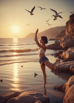 Woman dancing by the shore during sunset