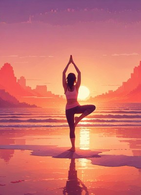 Sunset yoga practice by the ocean at a serene beach