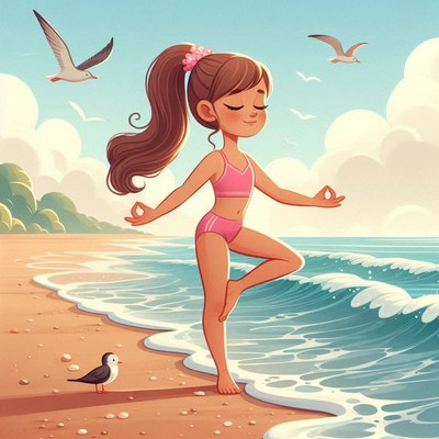 Child practicing yoga on a beach during a sunny day