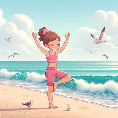Child practicing yoga on a beach during the day