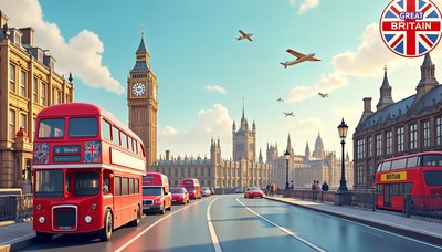 Iconic red buses travel past historic architecture in london