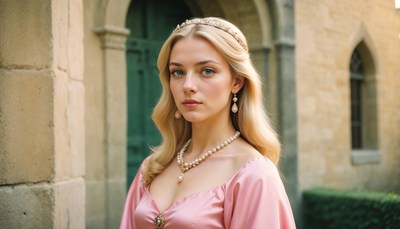 Young woman in elegant attire at historic building