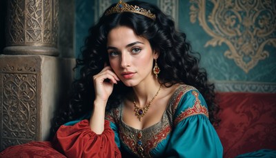 Young woman in traditional clothing poses in ornate setting
