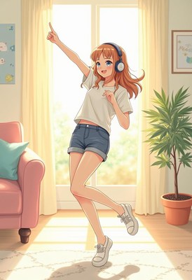 Girl dancing joyfully in a sunlit room