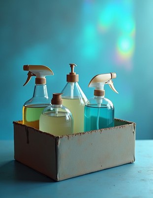 Four colorful spray bottles arranged in a box