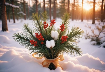 Winter bouquet in snowy forest during sunset