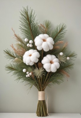 Beautiful winter floral arrangement with cotton and pine