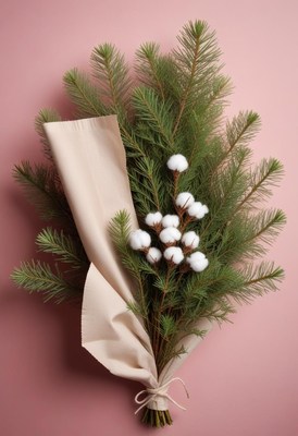 Seasonal bouquet of pine and cotton on pink background