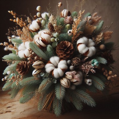 Beautiful seasonal bouquet with pinecones and cotton blooms