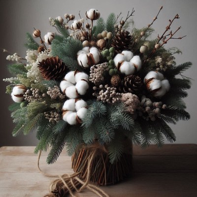 Beautiful autumn bouquet with cotton and pinecones