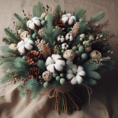 Beautiful cotton and pine bouquet with natural accents