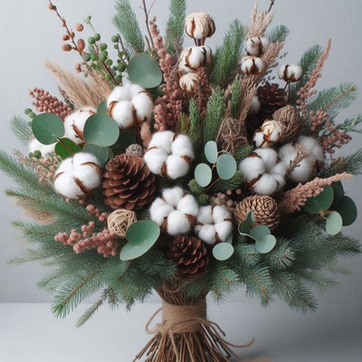Elegant floral arrangement with cotton and pine