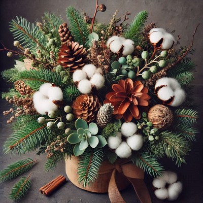 Beautiful holiday floral arrangement with natural elements
